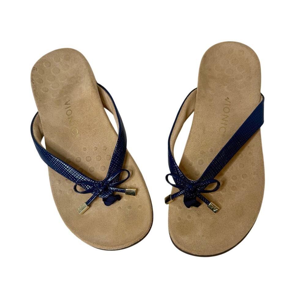 VIONIC Women's 8 Bella ll Lizard Flip Flop Thong Orthotic Sandal Shoes Navy Tan